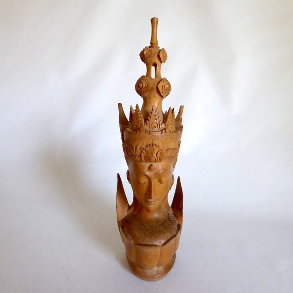 VINTAGE 10.75” BALI INDONESIA GODDESS DEWI UMA HAND CARVED WOOD BUST SCULPTURE
